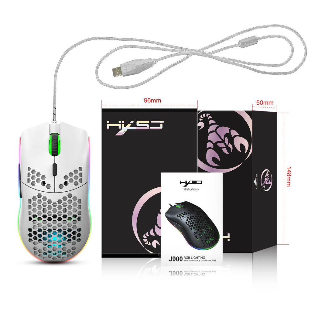 J900 lightweight honeycomb shell wired gaming mouse with RGB lighting, black colour, 6 buttons and 150cm cable