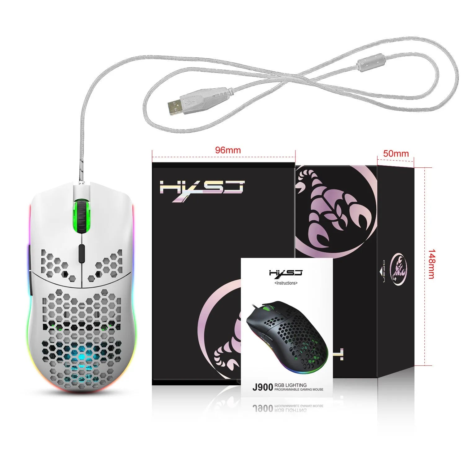 J900 lightweight honeycomb shell wired gaming mouse with RGB lighting, black colour, 6 buttons and 150cm cable