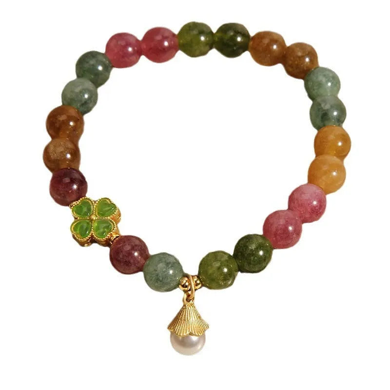 Colourful tourmaline bracelet with four-leaf clover pearl pendant in geometric drop shape