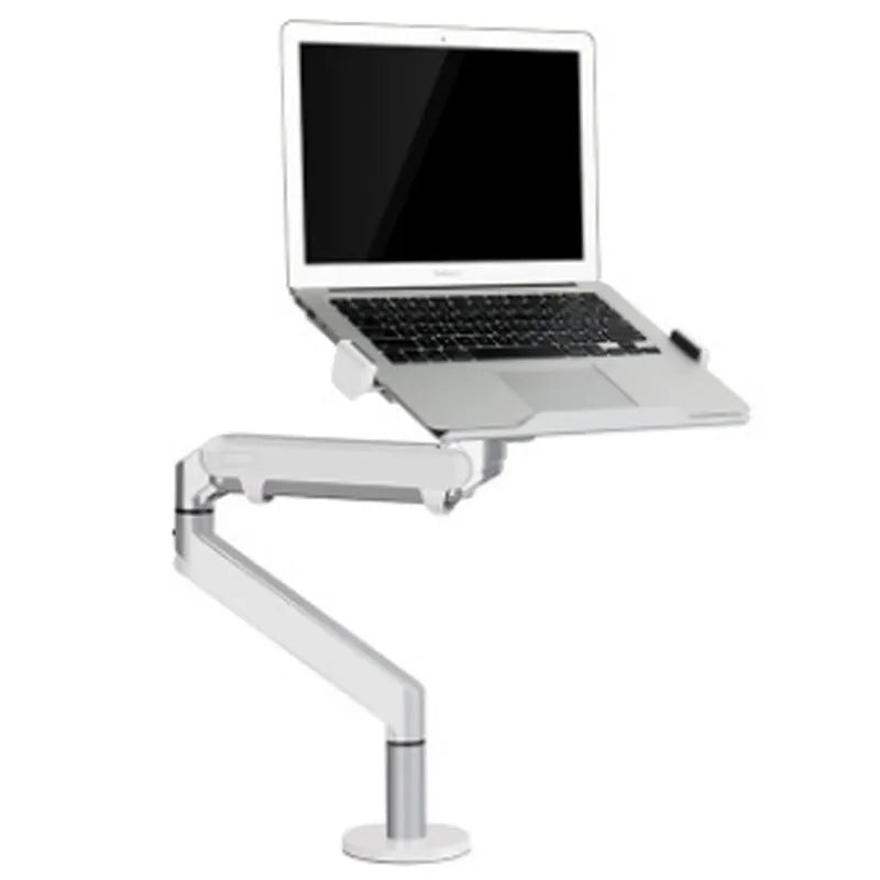 Aluminium laptop stand with adjustable arm bracket in silver colour on desk