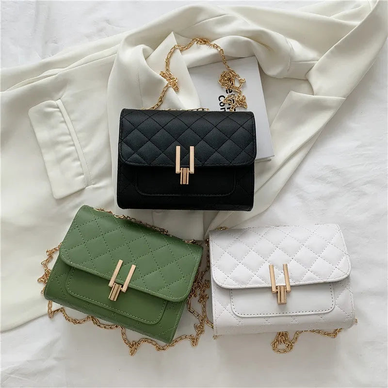 Women's diamond lattice pattern crossbody bag with chain strap in black, white, or green PU leather