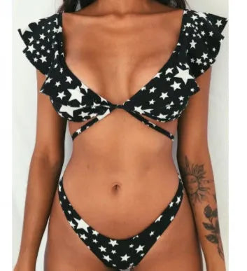 Yellow floral print split bikini swimsuit set on a mannequin, showing backless design.