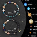 Set of twelve natural stone beaded bracelets, each with a different zodiac sign design.