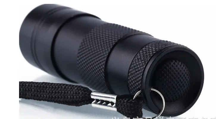 Black UV flashlight for detecting counterfeit currency and verifying documents with LED purple light