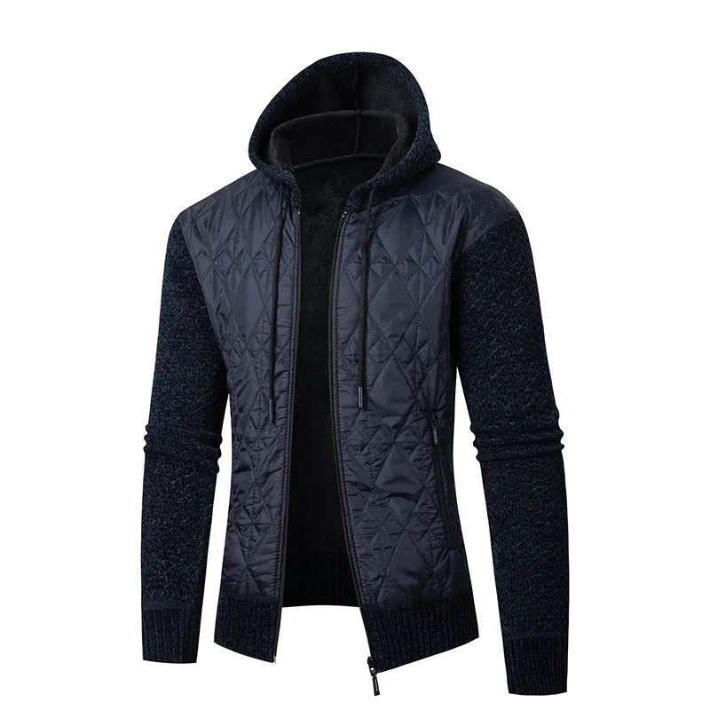 Men's grey hooded corduroy coat with a cinched waist, shown on a model.