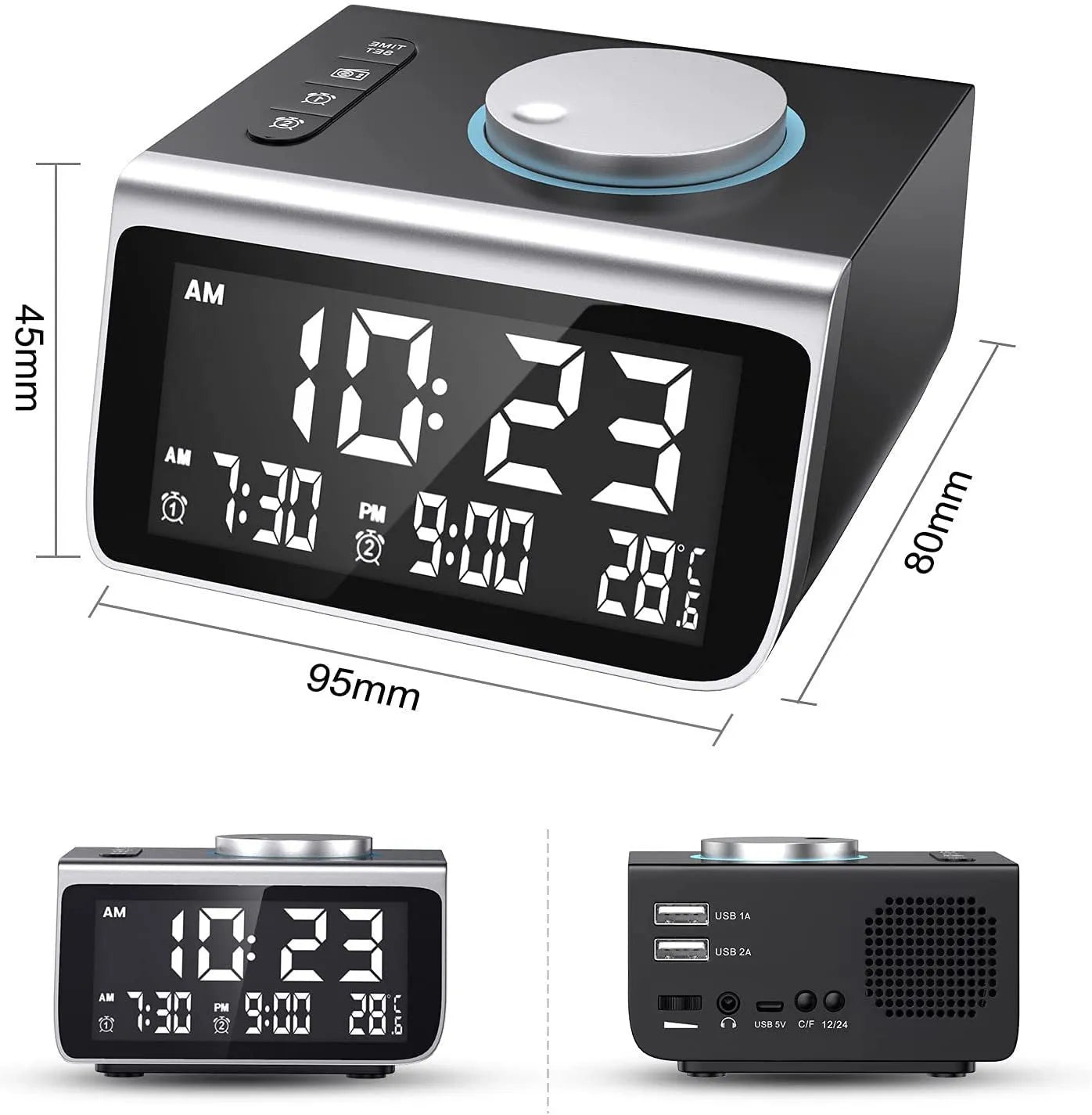FM radio alarm clock with USB charging port and 3-inch digital display on a bedside table