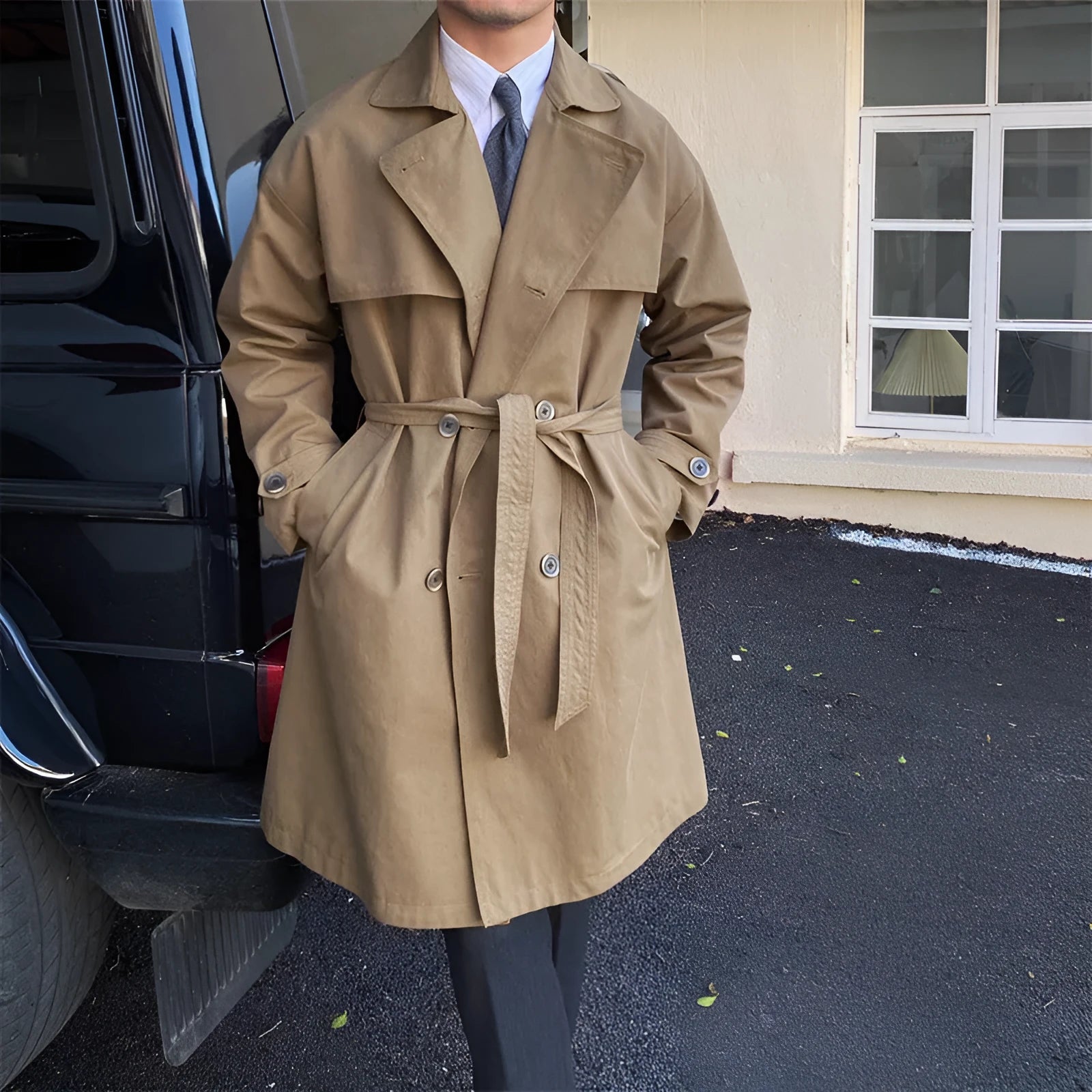 Women's mid-length double-breasted trench coat in beige, 65% cotton 35% polyester, commuting jacket
