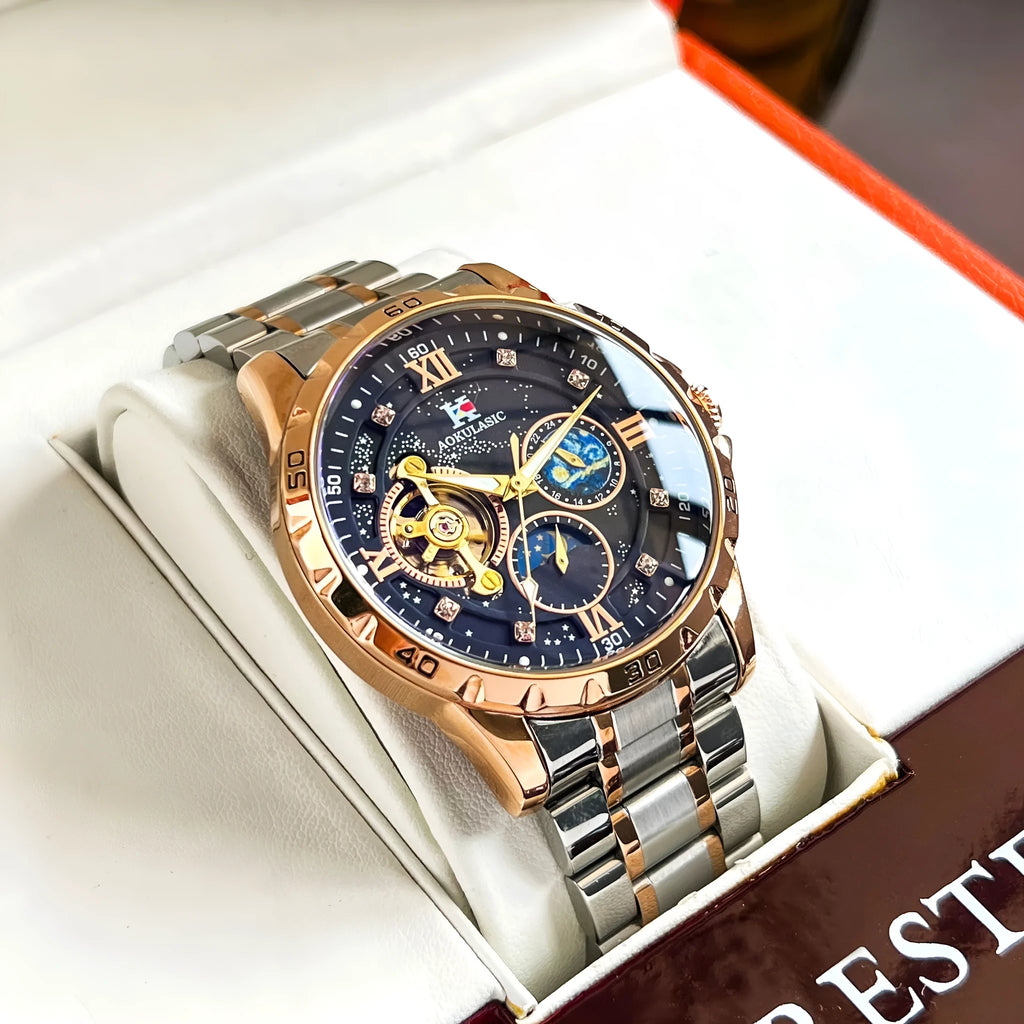 Men's rose gold and black automatic mechanical watch with large dial