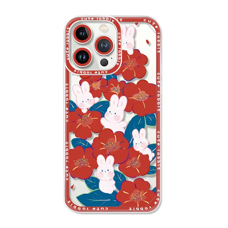 UV printed transparent TPU phone case with Angel Eyes rabbit and flower design for Apple iPhone 15 Pro Max