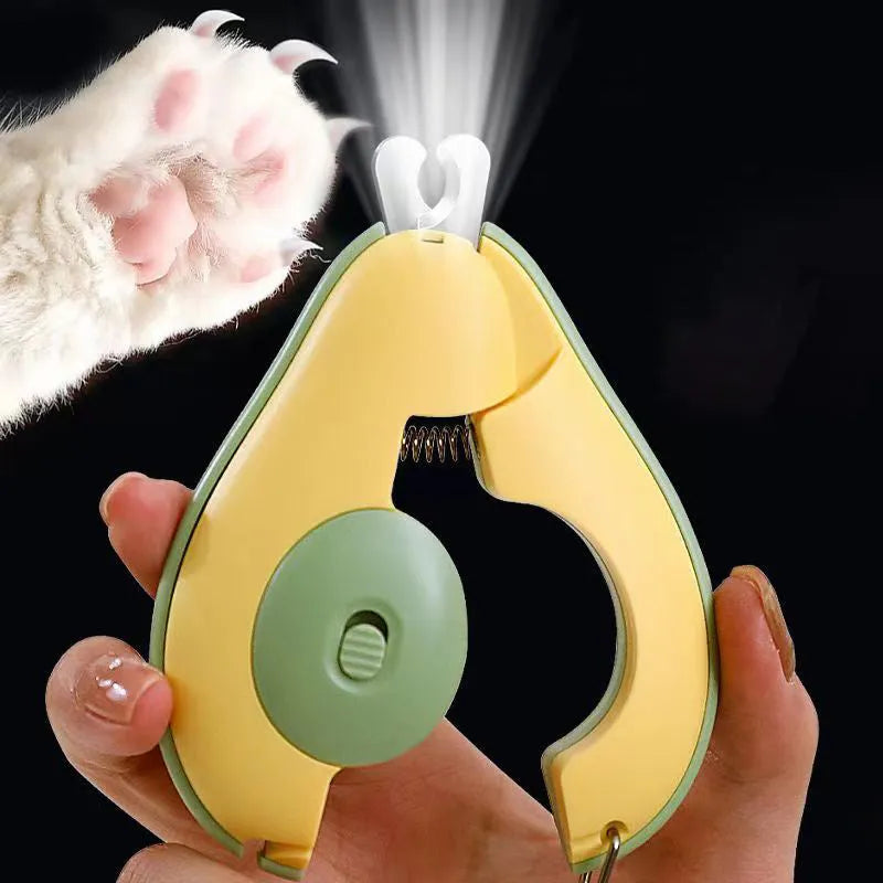 Professional LED pet nail clipper with safety guard in green, pink, and white colour options