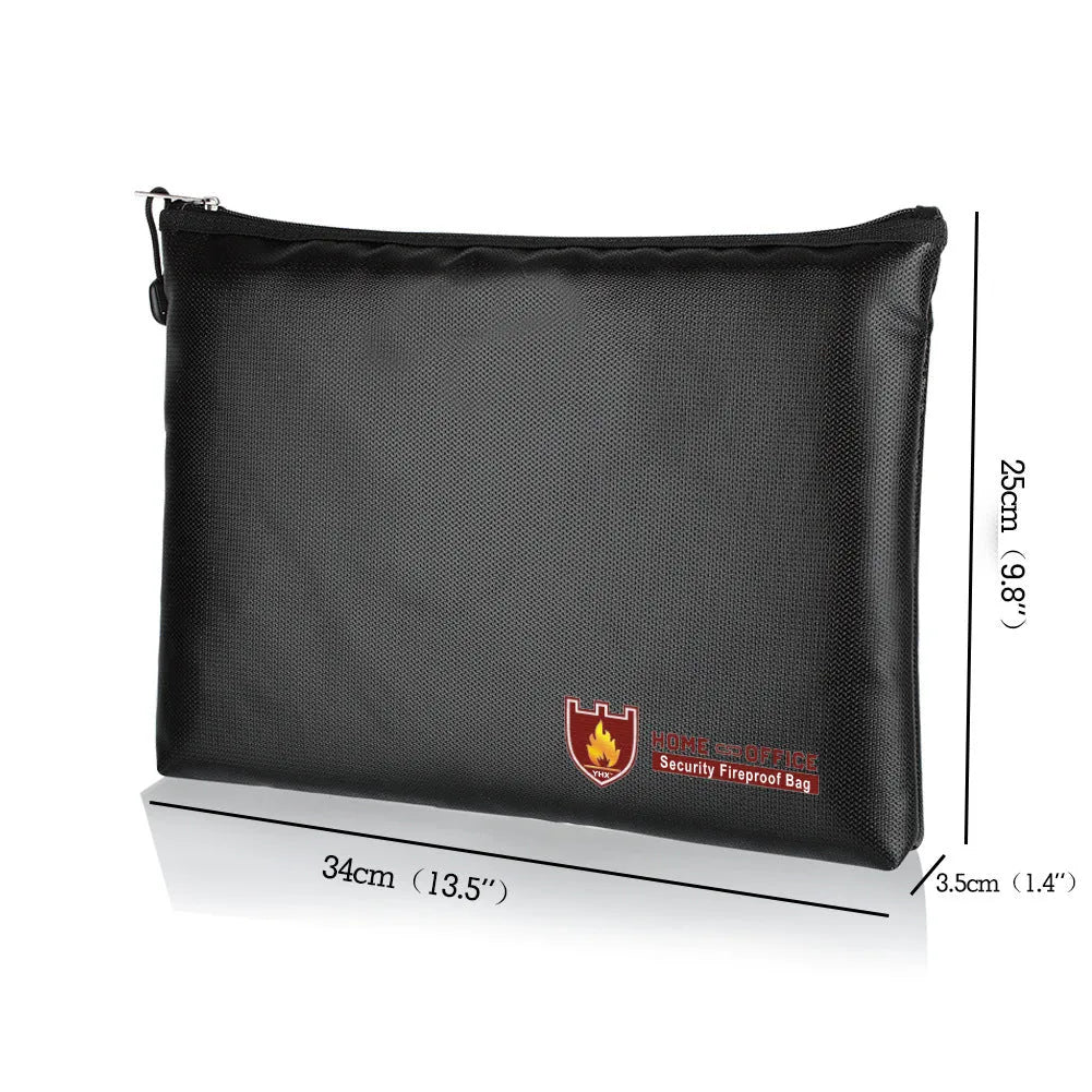 Black fire-proof contract information document bag shown in three different sizes for A4 paperwork.