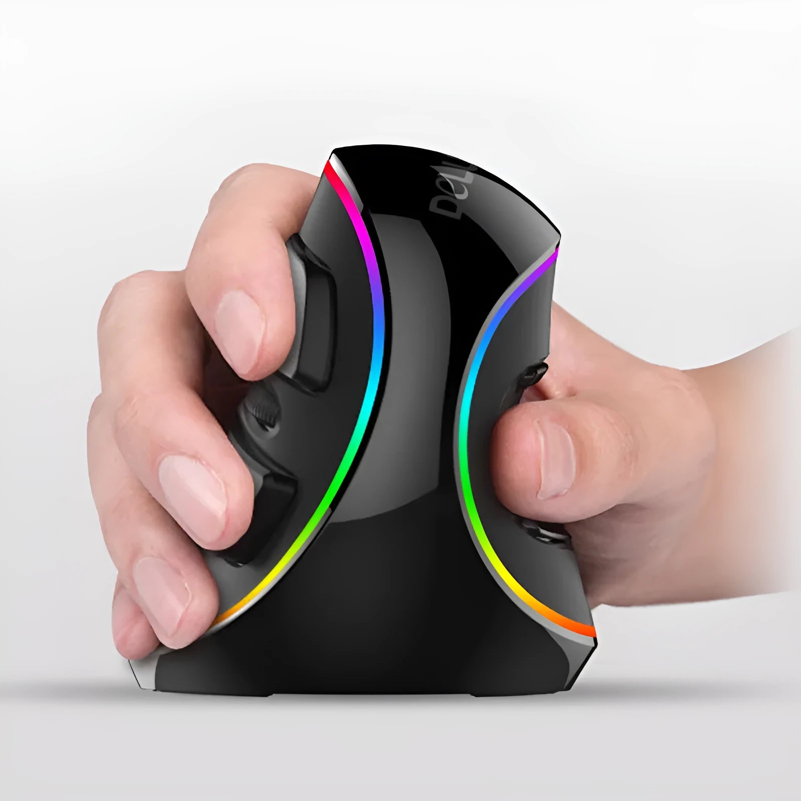 Vertical ergonomic wired computer mouse with RGB lighting, showing USB cable and DPI button.