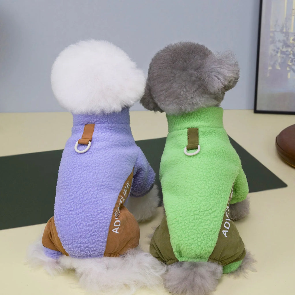 Dog four-legged thickened cold-proof pet clothes in polyester, available in green purple orange red, sizes S to 2XL