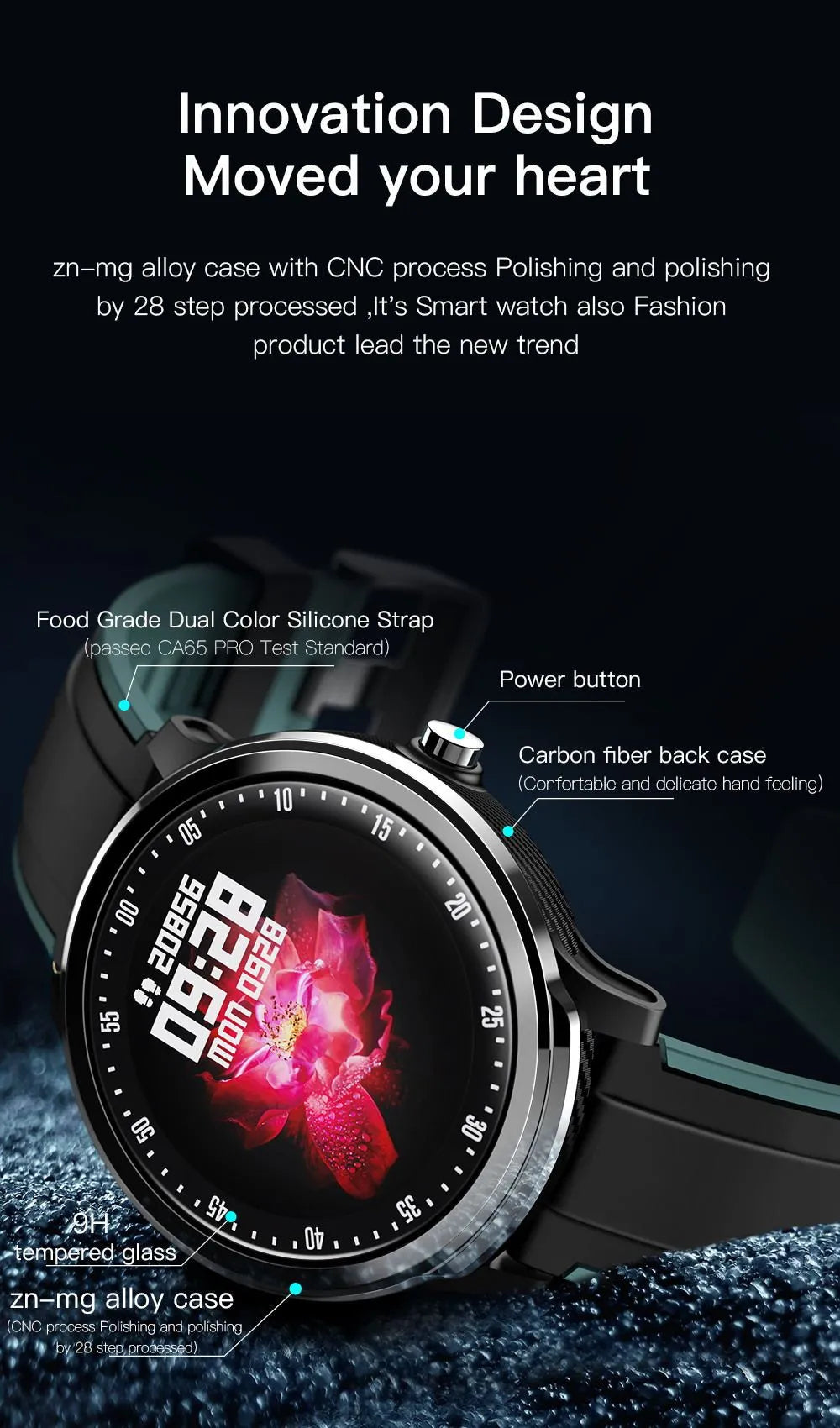 SN80 smart watch with metal body and silicone strap displaying heart rate on 1.3-inch touchscreen
