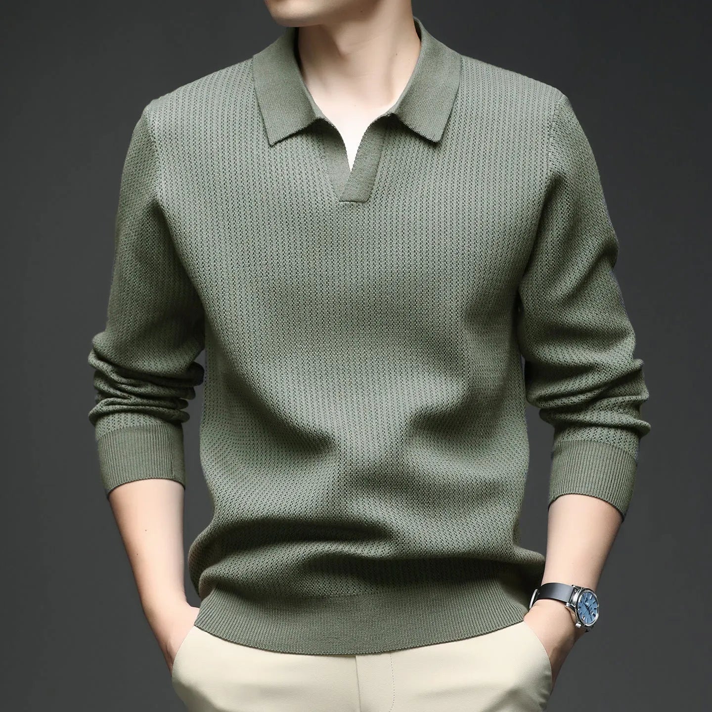 Men's loose pullover sweater in green, black, camel, or brown colours for autumn casual wear