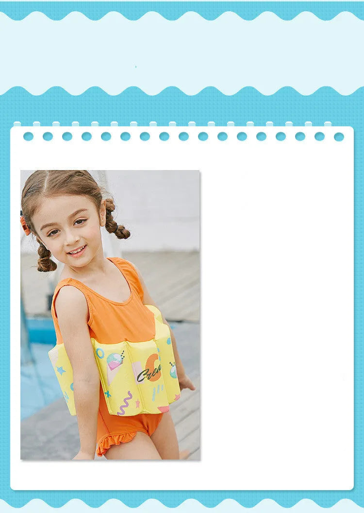Yellow graffiti children's buoyancy one-piece swimsuit with built-in life jacket and anti-rollover design