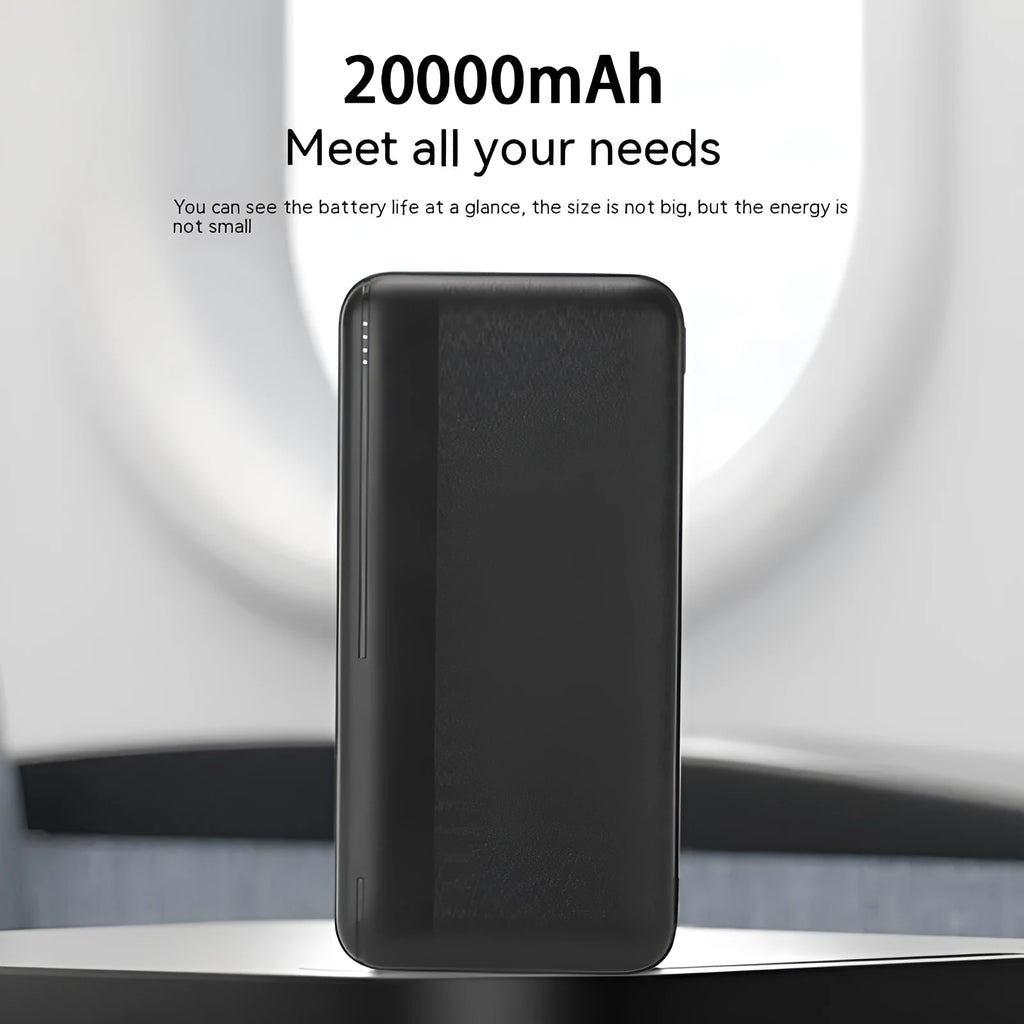 Ultra-thin plastic power bank with light display screen in black, 138 x 68 x 28mm