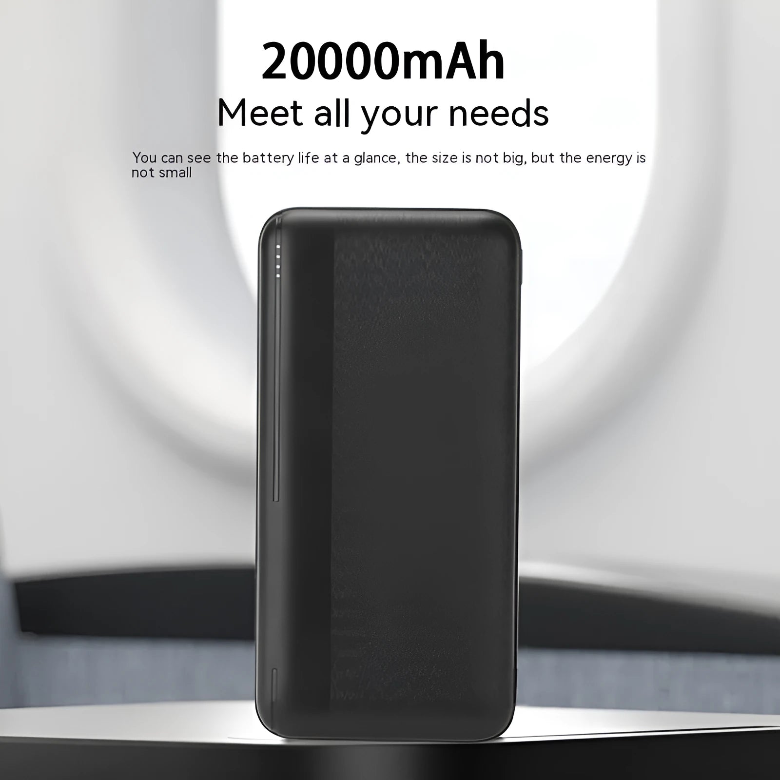 Ultra-thin plastic power bank with light display screen in black, 138 x 68 x 28mm