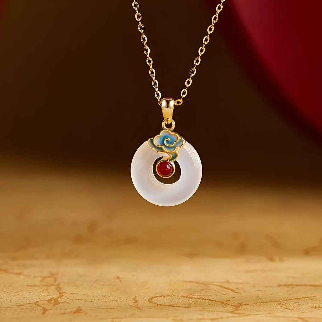925 silver cold enamel red agate white chalcedony safety buckle pendant clavicle chain necklace on white background