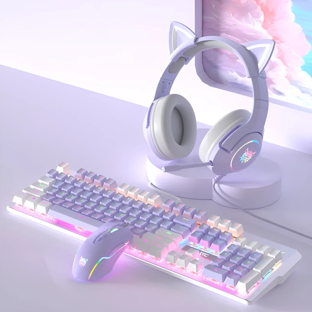 Purple and white mechanical keyboard and mouse suit set with backlight illumination