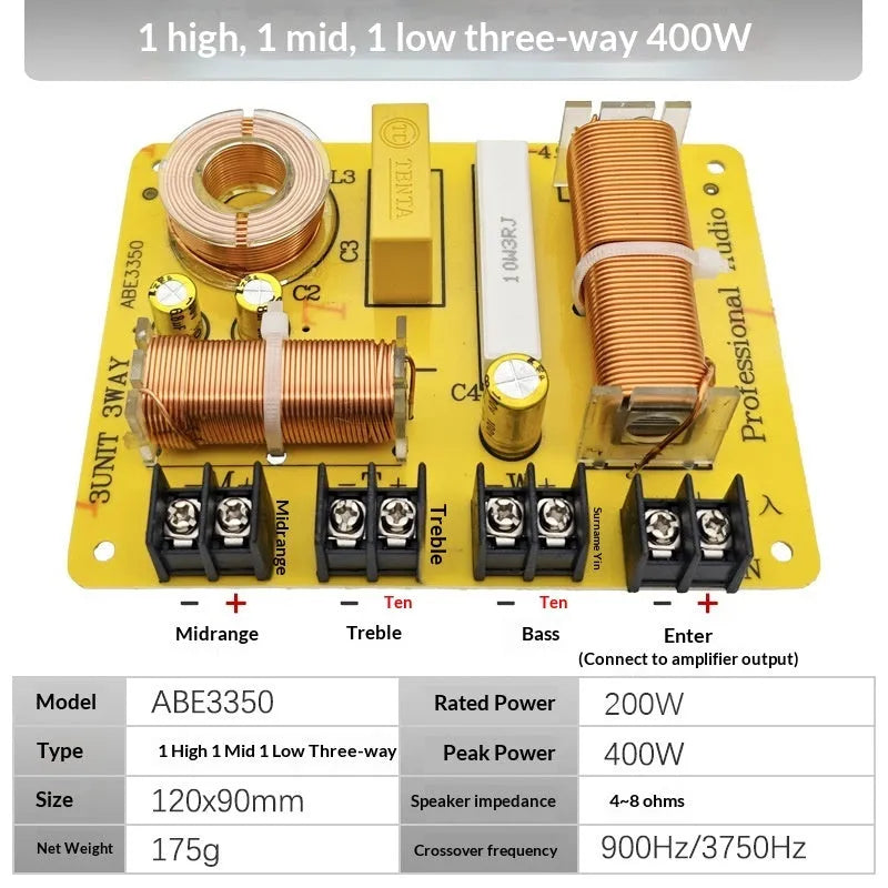400W three-way audio crossover with through-hole mounting and solderless design