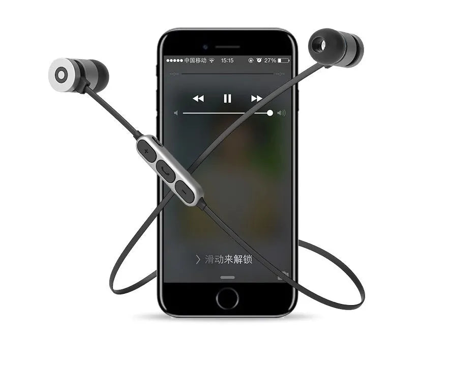Metal neck-mounted Bluetooth headset with magnetic black earpieces