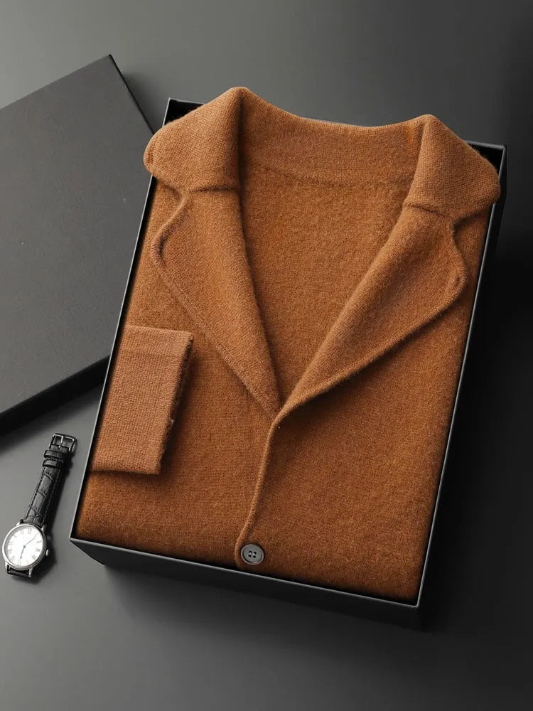 Men's cashmere lapel cardigan in light grey showing thickened knit construction and loose fit