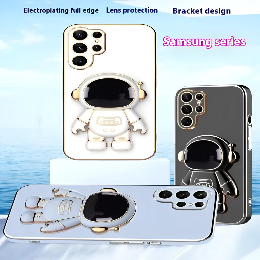 Electroplated 6D astronaut bracket phone case for Samsung S22 Ultra in black, showing built-in kickstand