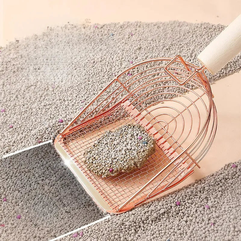 Stainless steel cat litter scoop with wooden handle for pet waste removal and litter box cleaning