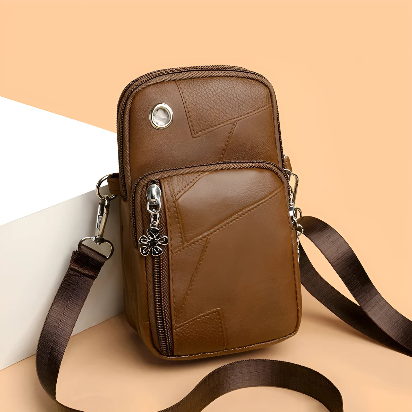 Square vertical mini phone bag with sandwich pocket design in PU material