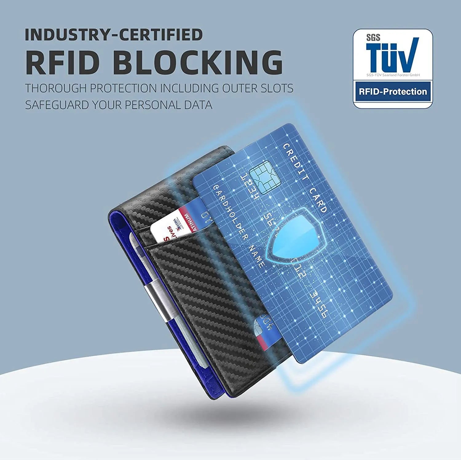 PU leather anti-theft card holder with multiple card slots shown in carbon fibre black colour