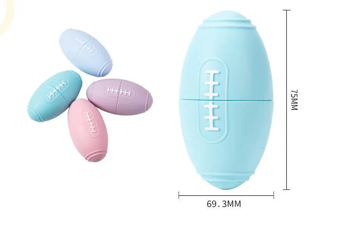 Blue silicone rugby ball dog toy with hollow centre for treat dispensing
