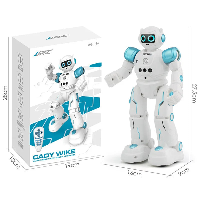 Remote control intelligent robot with glowing eyes, blue colour, on a white background