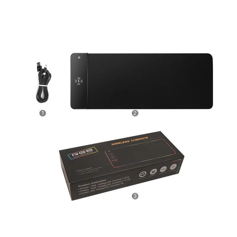 Wireless charging RGB luminous mouse pad 300x800x4mm with black cloth surface and built-in 10W charger
