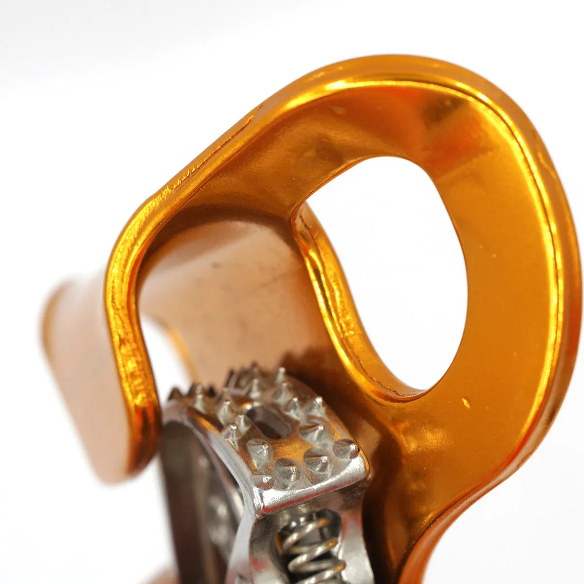 Yellow pre-abdominal ascender made from 7075 aluminium alloy for rope climbing