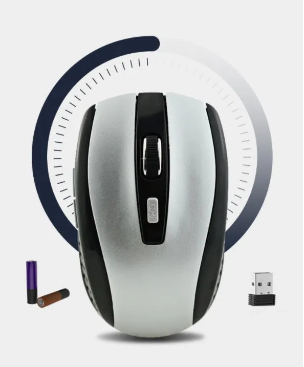 2.4G optical wireless mouse in black with USB receiver, 1000DPI, six buttons