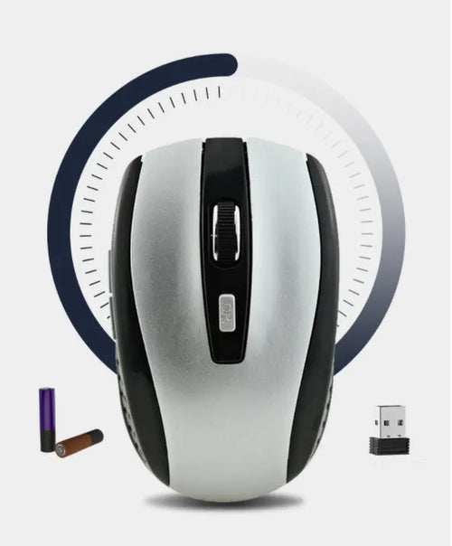 2.4G optical wireless mouse in black with USB receiver, 1000DPI, six buttons