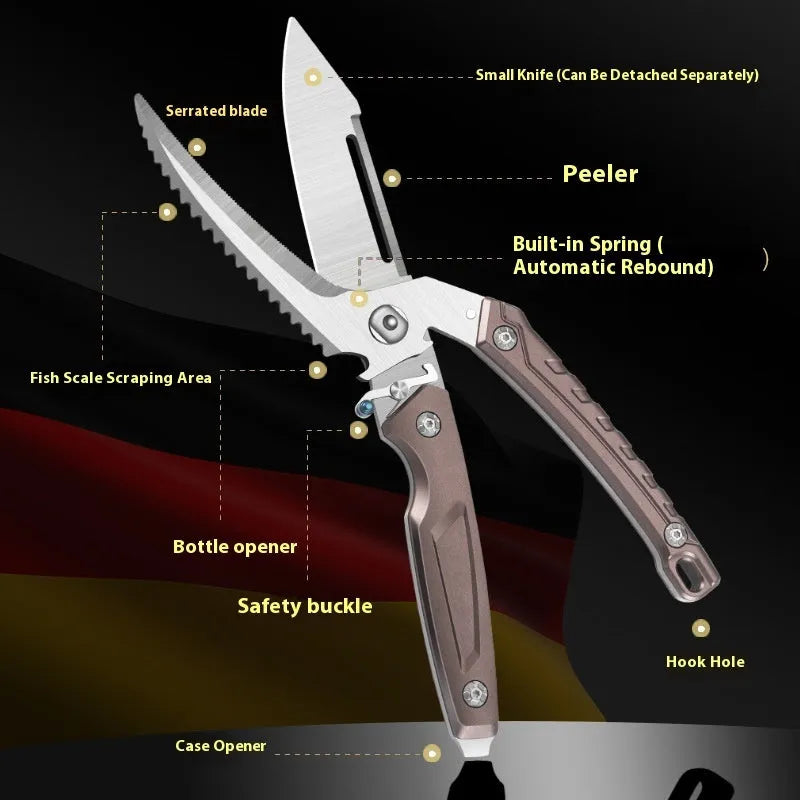 Pair of brown and silver multi-functional chicken bone scissors with high carbon steel blades, size 25 x 6.2cm