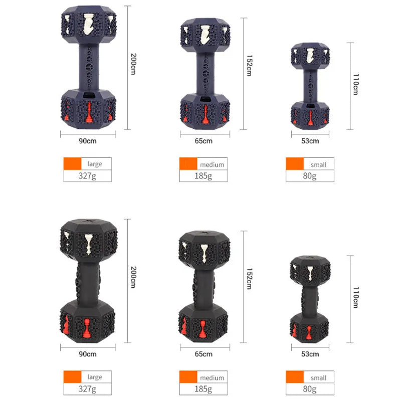 Durable black rubber dumbbell-shaped dog chew toy with textured surface for aggressive chewers.
