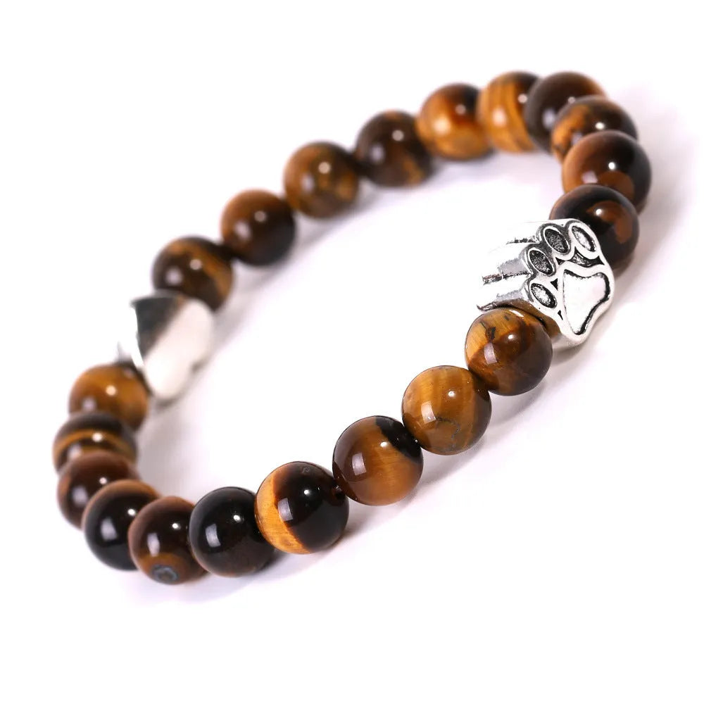 Tigereye stone bracelet with dog's paw charm, Indian agate beads, and a love heart charm on a beaded band.
