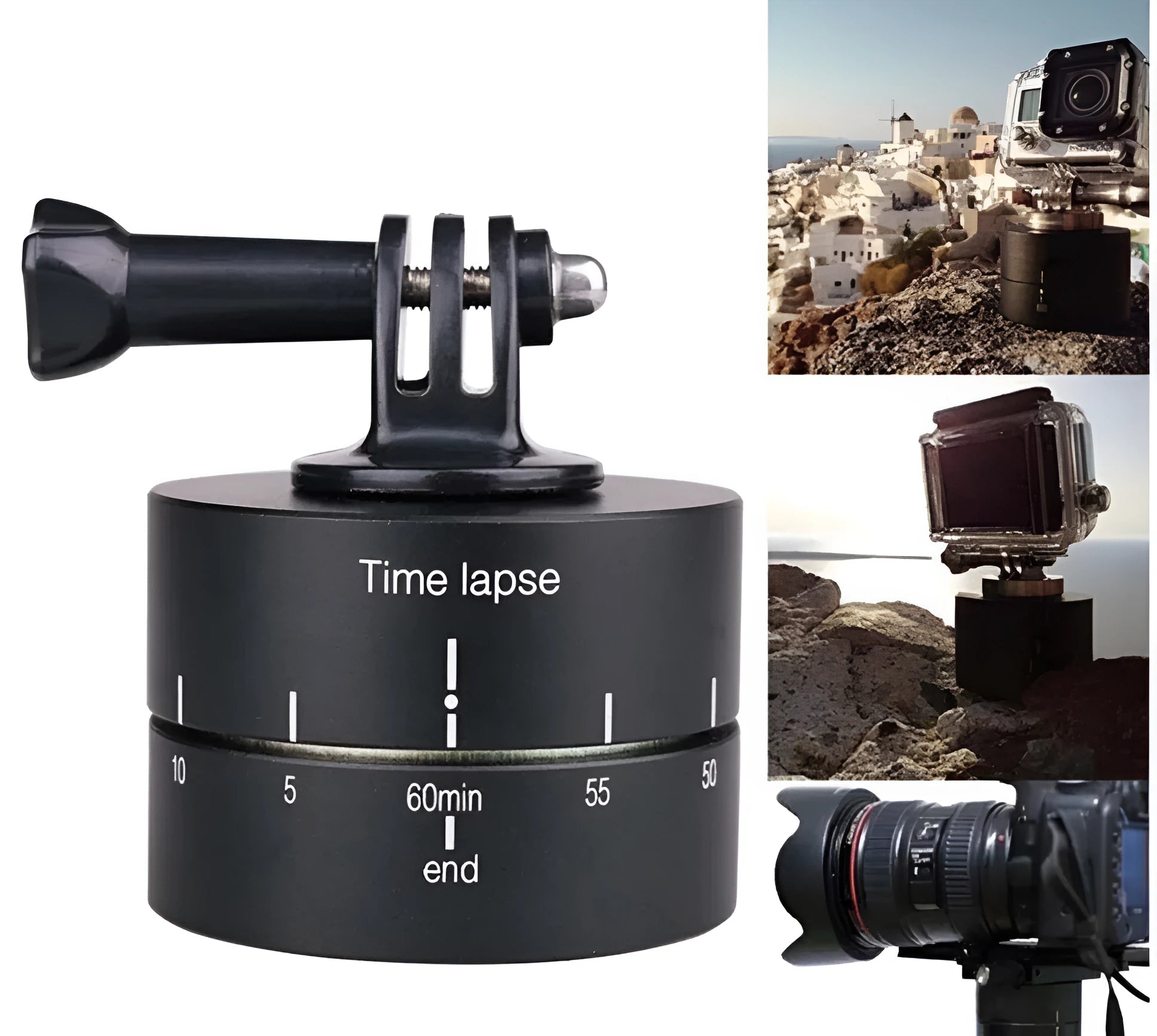 Lapse-compatible 360-degree auto-rotate camera tripod head on a tripod.