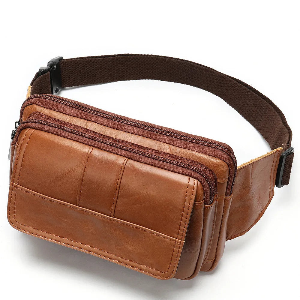 Horizontal square cowhide leather waist bag with zipper closure and multiple internal pockets