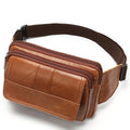 Horizontal square cowhide leather waist bag with zipper closure and multiple internal pockets