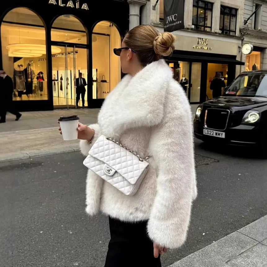 Women's artificial fur coat with large lapel, fluffy texture, side pockets, in high quality black or white