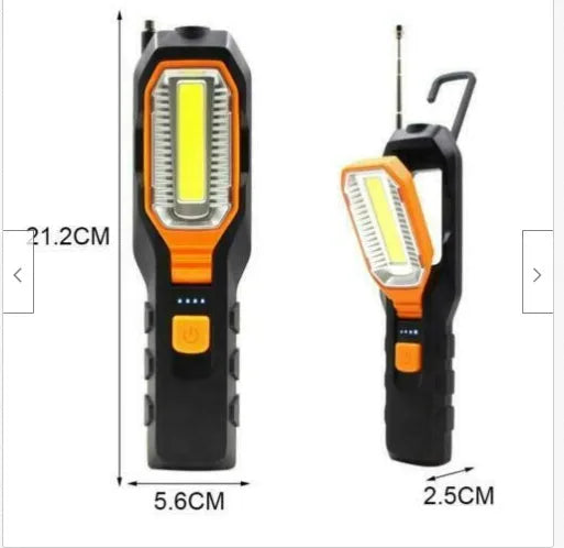 Multifunctional COB work light with LED, ABS housing, dry battery and USB rechargeable versions