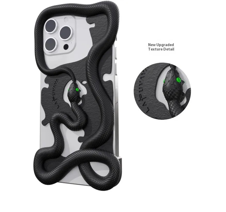 Tailed snake hollowed-out decorative phone case in black stone pattern for iPhone