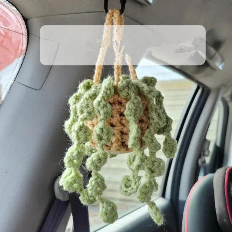 Green and white knitted car plant ornament with 8cm basin base and hanging rope for vehicle interiors