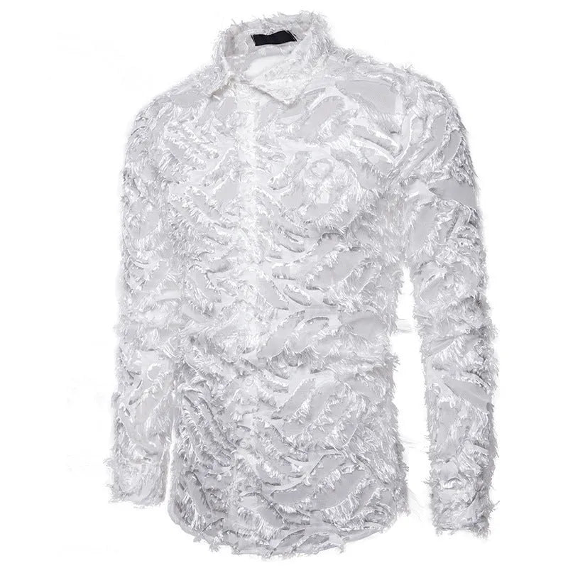 Feather tassel lapel shirt for men in black with non-iron cotton blended fabric