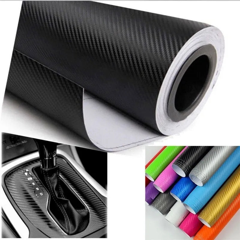 Roll of 3D carbon fibre pattern vinyl sticker for cars, showing multiple colour options.