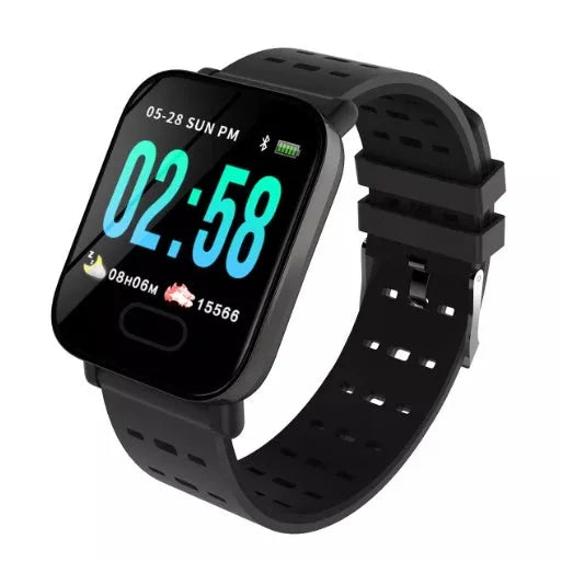 A6 smart fitness bracelet with colour touchscreen and black silicone strap on a wrist